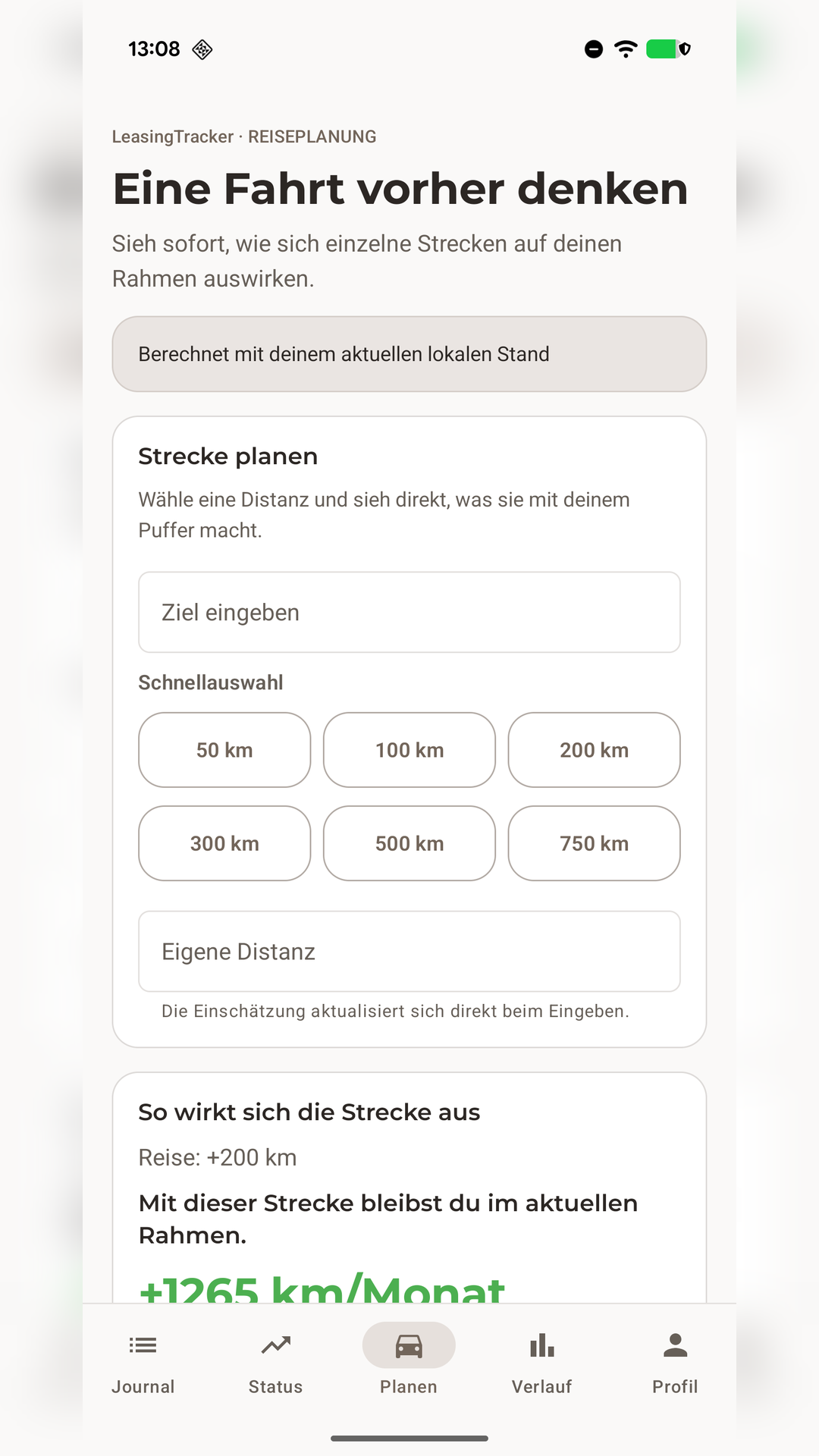 LeasingTracker Fahrtenplanung mit Auswirkung auf den Kilometerpuffer