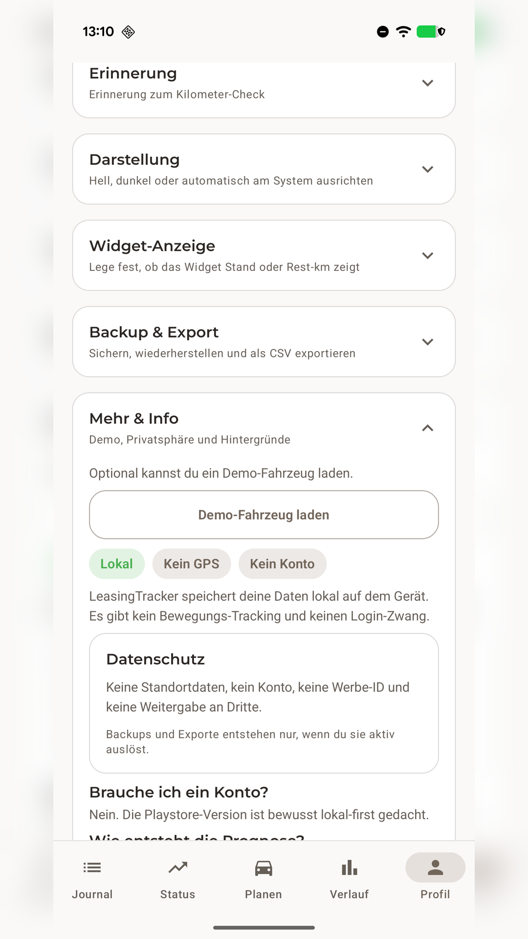 LeasingTracker Einstellungen für lokale Daten, Backup und Export