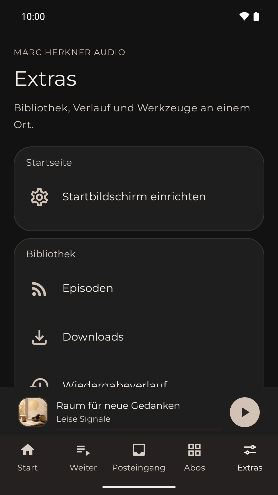 MH Podcasts Extras mit Bibliothek, Downloads und Verlauf
