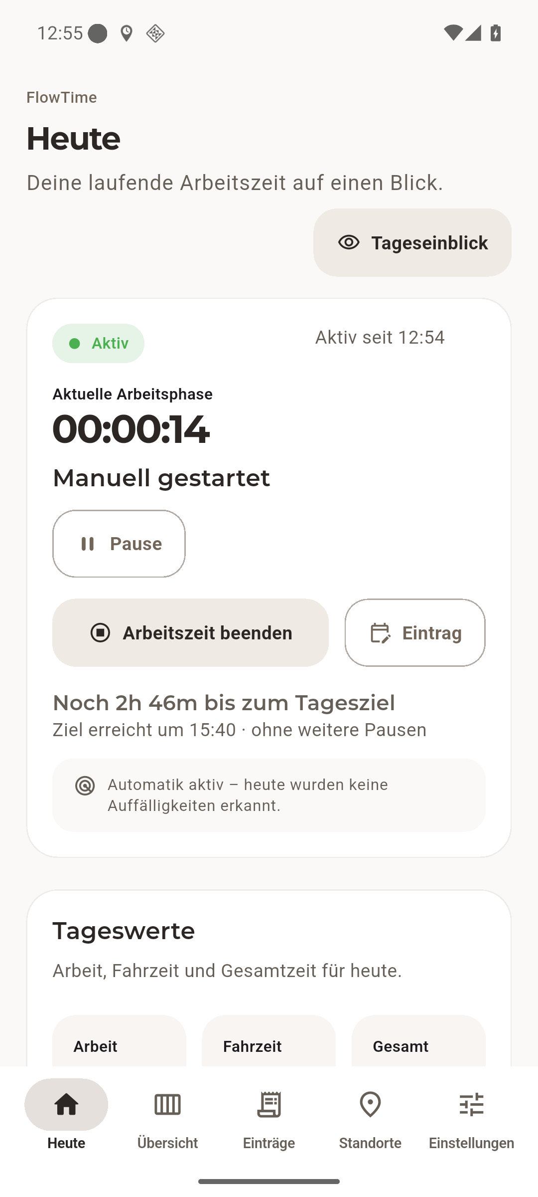 FlowTime Tagesansicht mit laufender Arbeitszeit