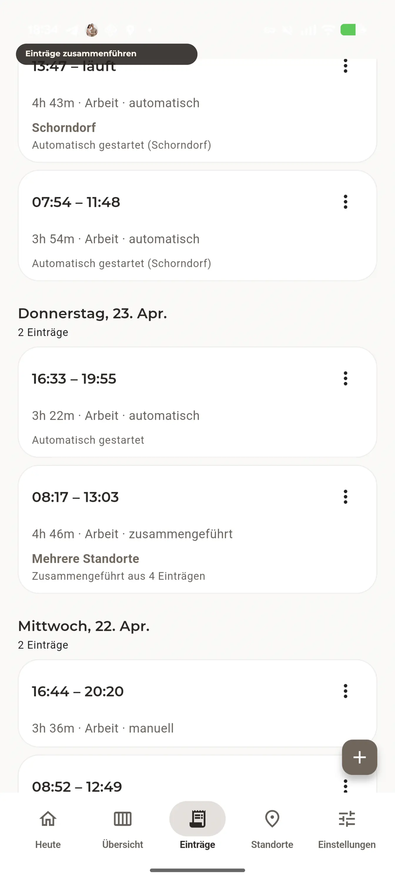 FlowTime Eintragsliste mit automatischen und zusammengeführten Arbeitszeiten