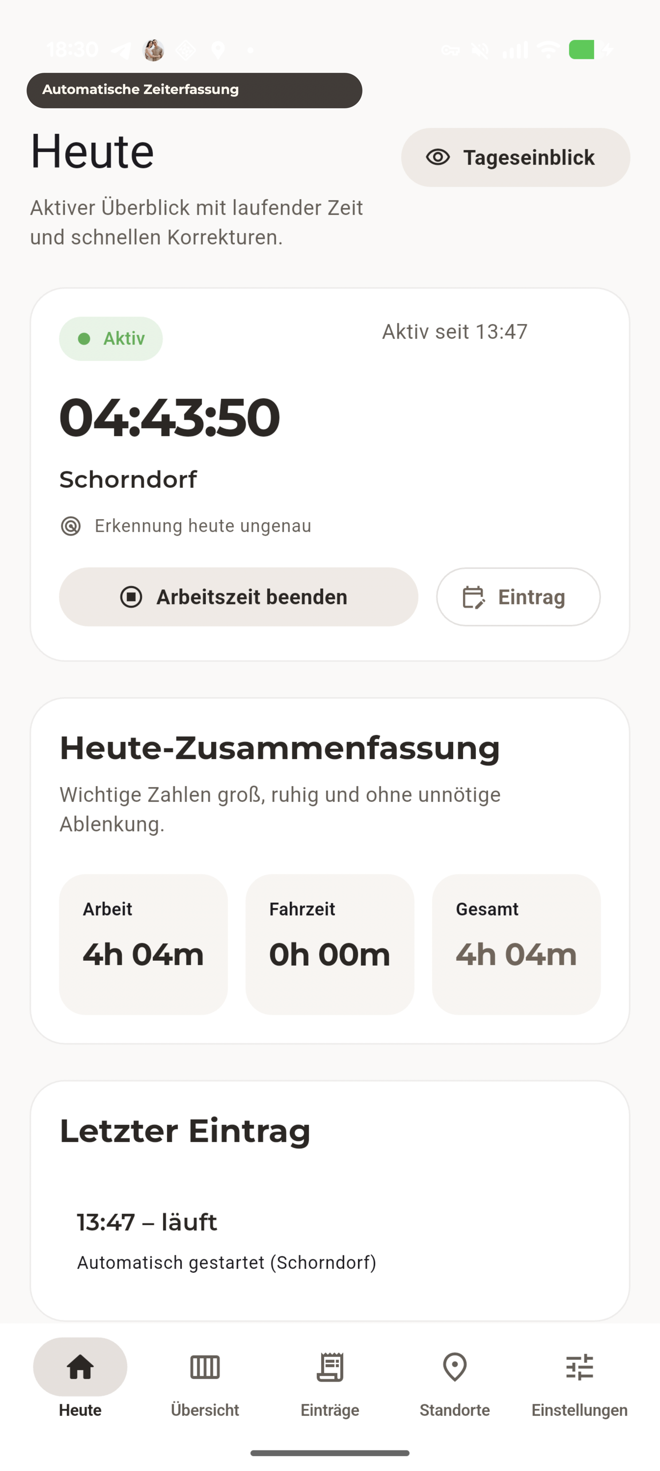 Heute-Ansicht mit laufender Arbeitszeit und Tageszusammenfassung