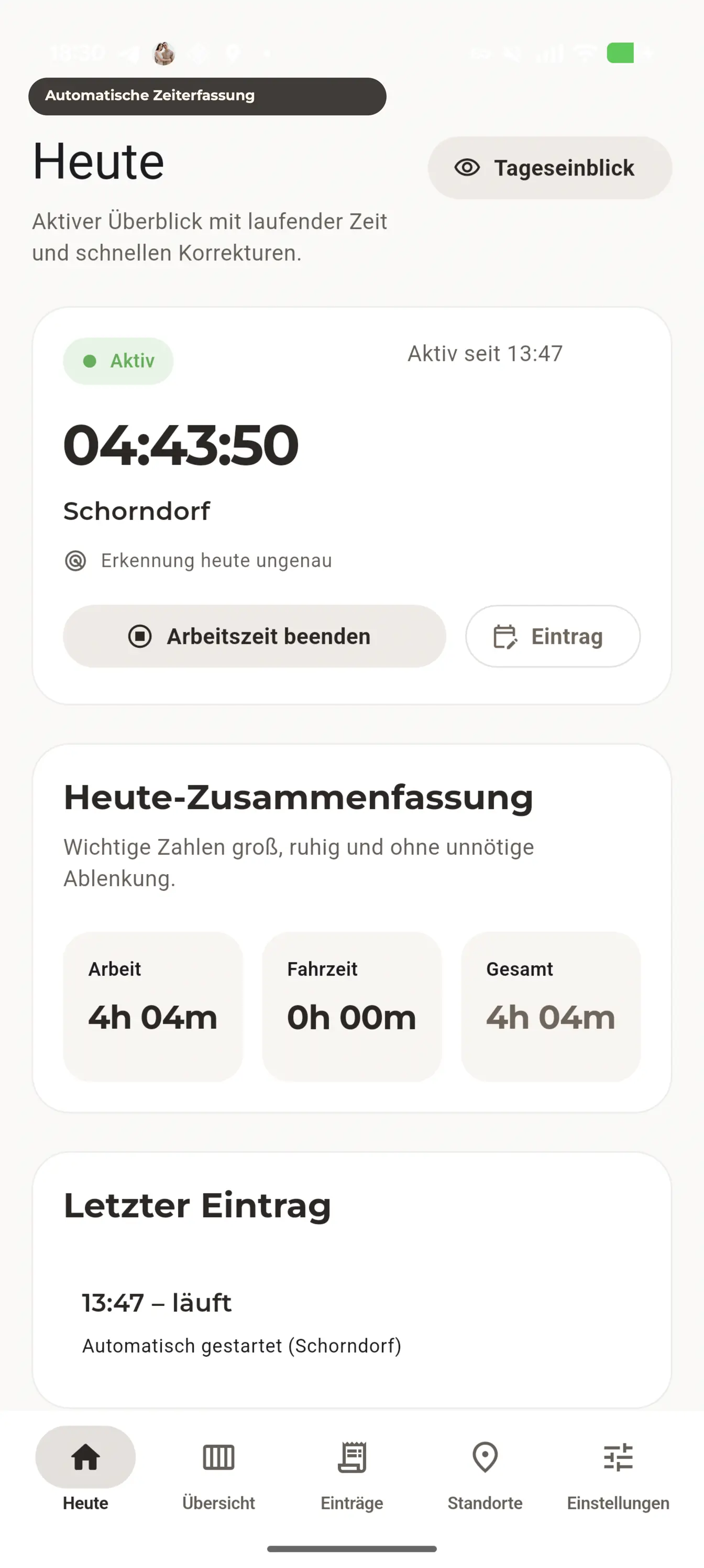 FlowTime Tagesansicht mit laufender Arbeitszeit
