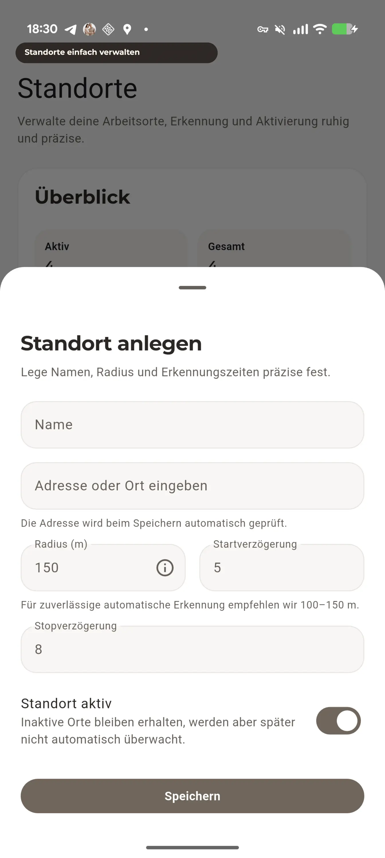 FlowTime Standortansicht zum Anlegen eines Arbeitsorts mit Radius und Verzögerungen