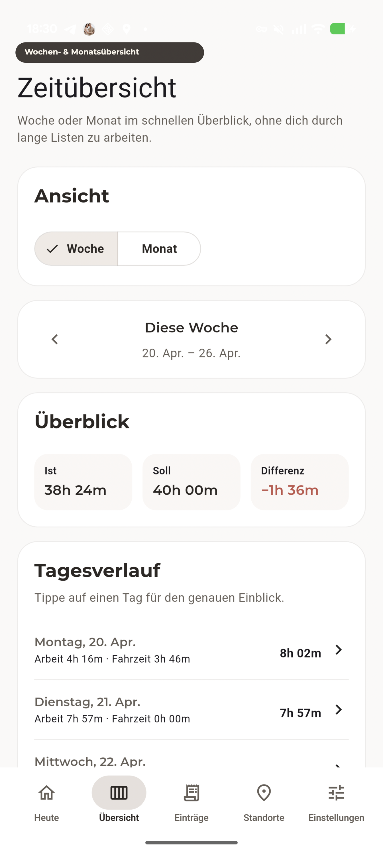 Wochenübersicht mit Ist, Soll, Differenz und Tagesverlauf