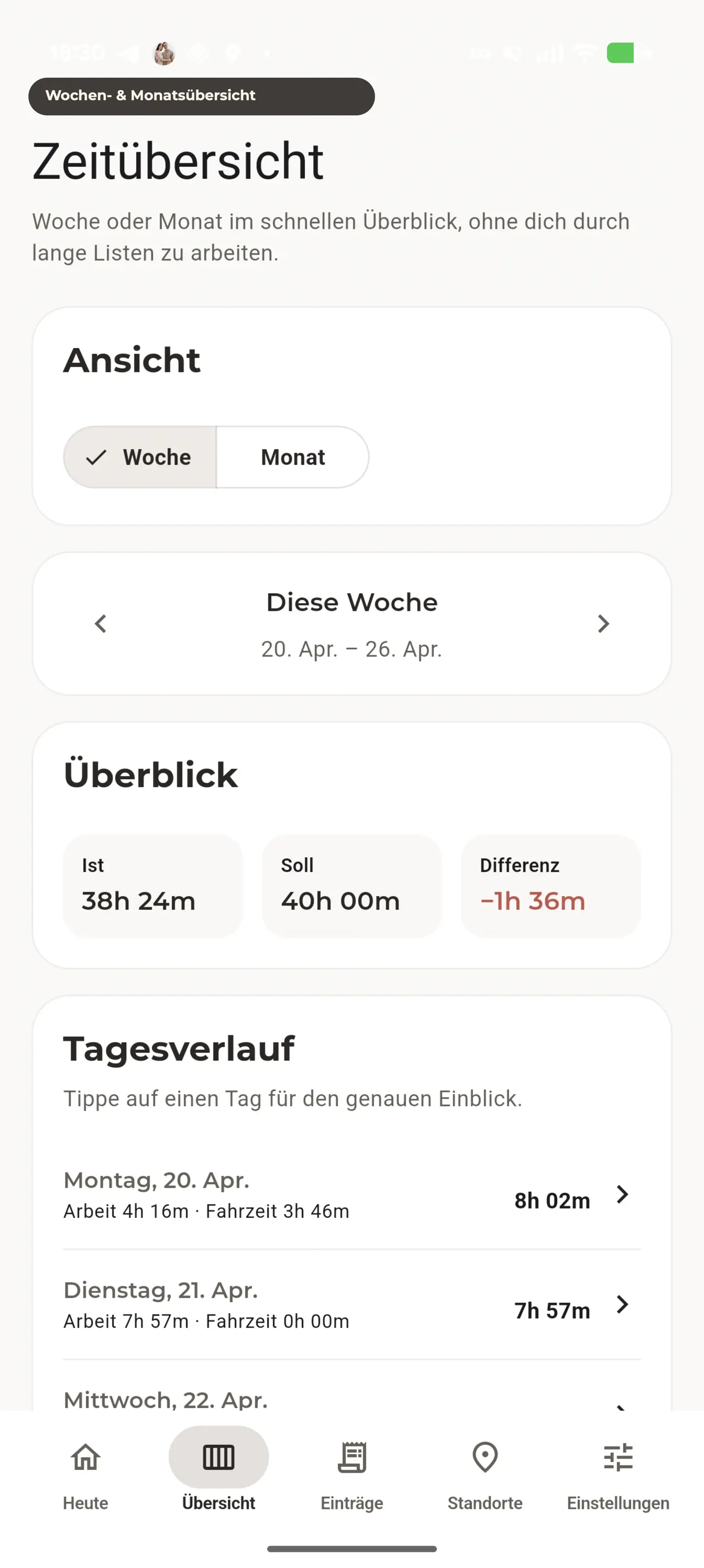 FlowTime Wochenübersicht mit Ist, Soll und Differenz