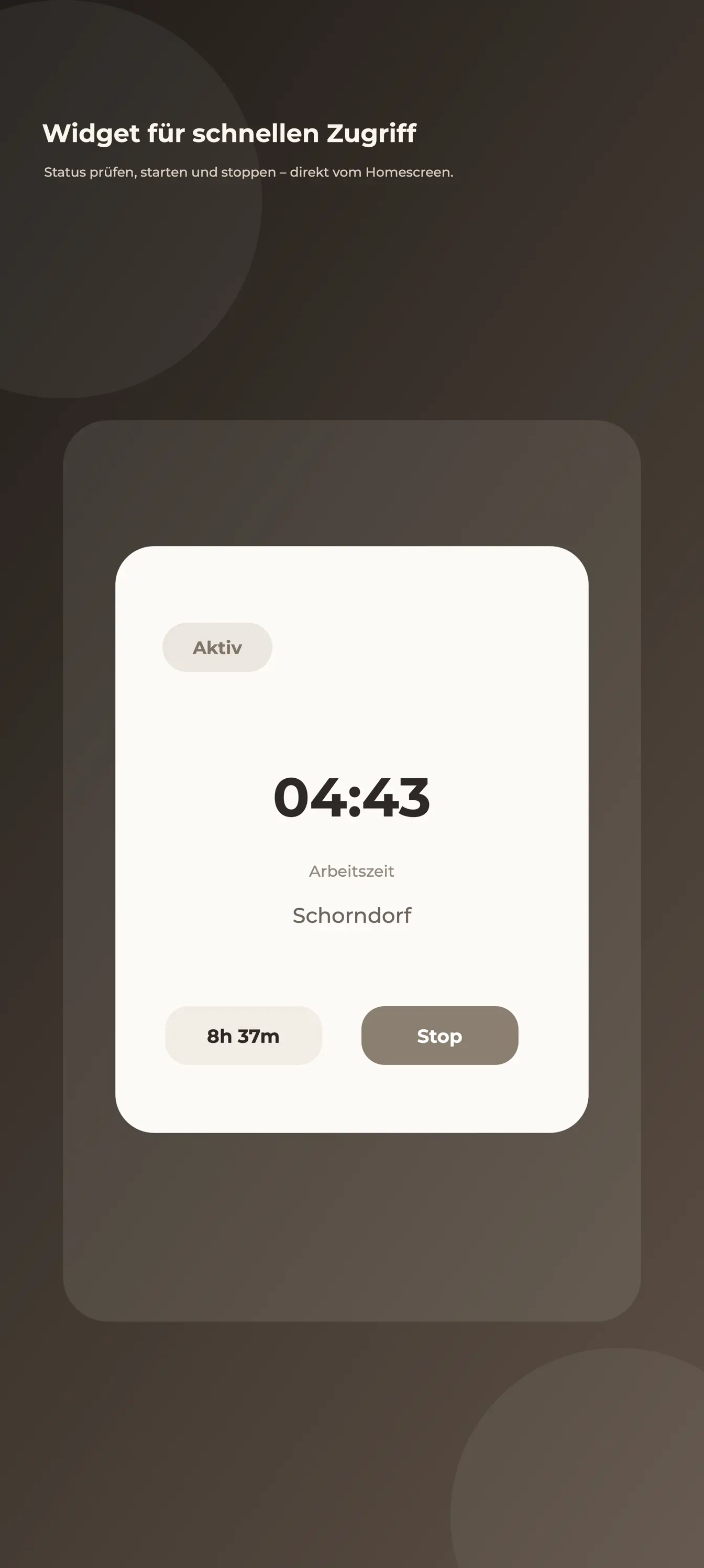 FlowTime Homescreen Widget mit aktivem Status, Arbeitszeit und Stop-Button
